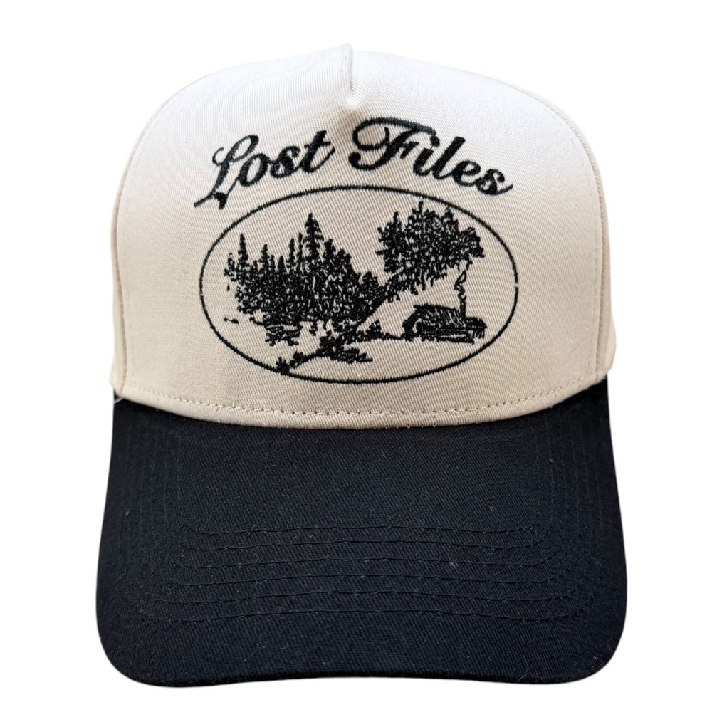 Lost Files Cabin Scene Cream Black Embroidered Snapback Hat Graphic